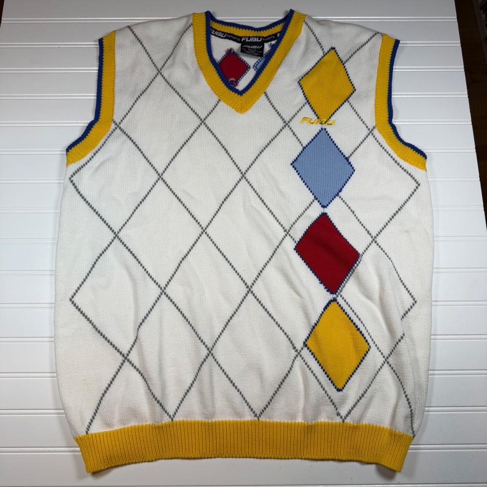 Vintage FUBU Sports Argyle Sweater Vest Mens XXL White Yellow V-Neck 90s Hip Hop